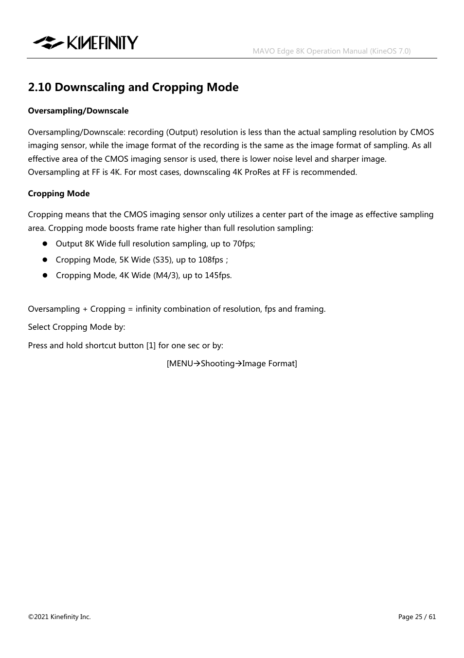 10 downscaling and cropping mode | Kinefinity MAVO Edge 8K Digital Cinema Camera User Manual | Page 25 / 60