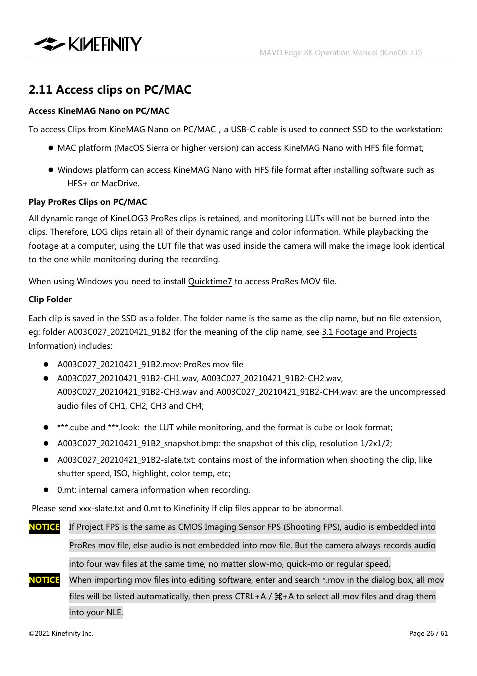 11 access clips on pc/mac | Kinefinity MAVO Edge 8K Digital Cinema Camera User Manual | Page 26 / 60