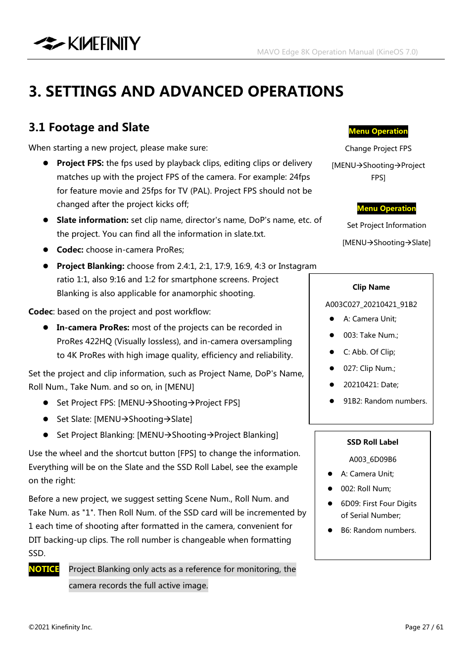 Settings and advanced operations, 1 footage and slate | Kinefinity MAVO Edge 8K Digital Cinema Camera User Manual | Page 27 / 60