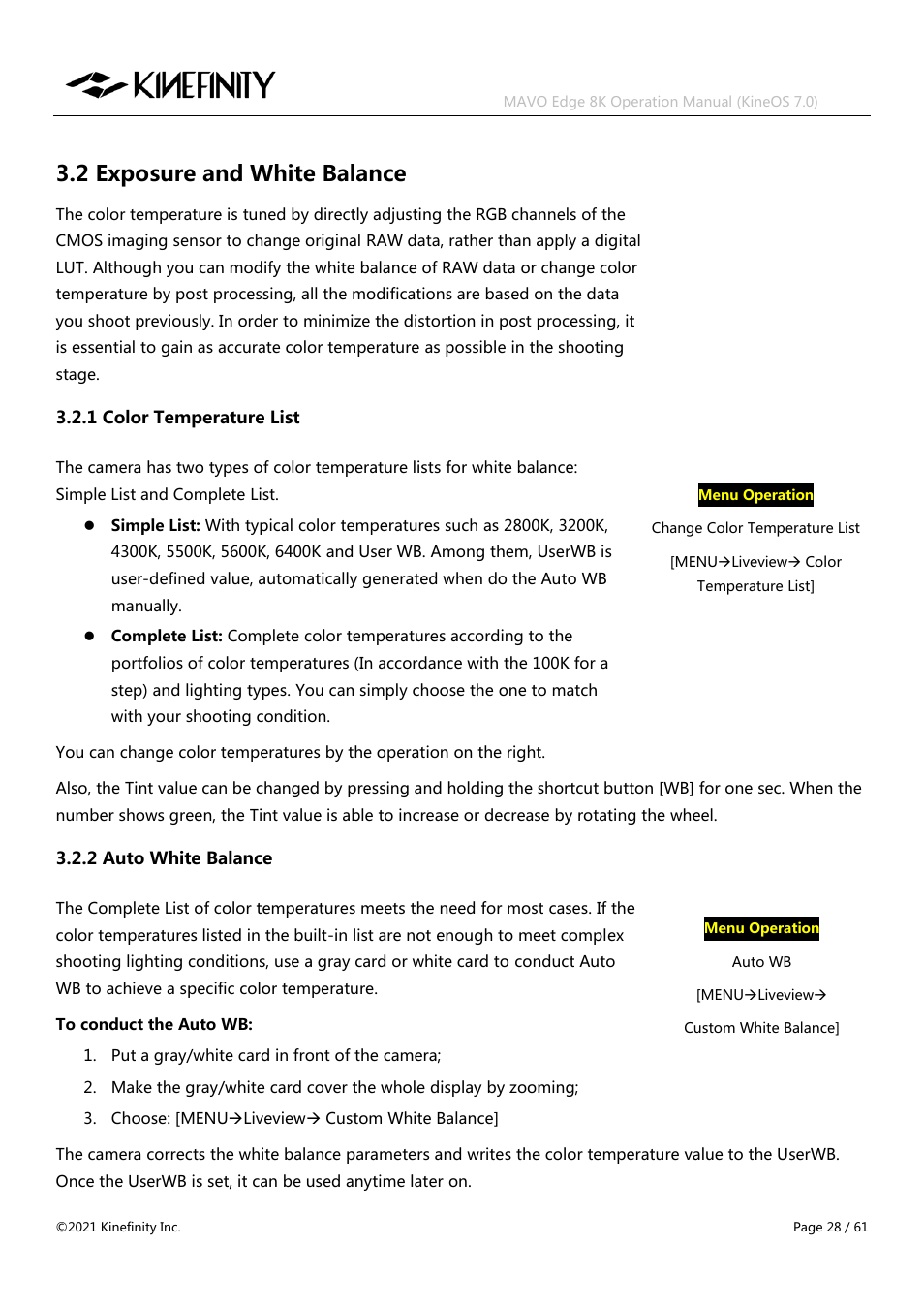 2 exposure and white balance, 1 color temperature list 3.2.2 auto white balance | Kinefinity MAVO Edge 8K Digital Cinema Camera User Manual | Page 28 / 60