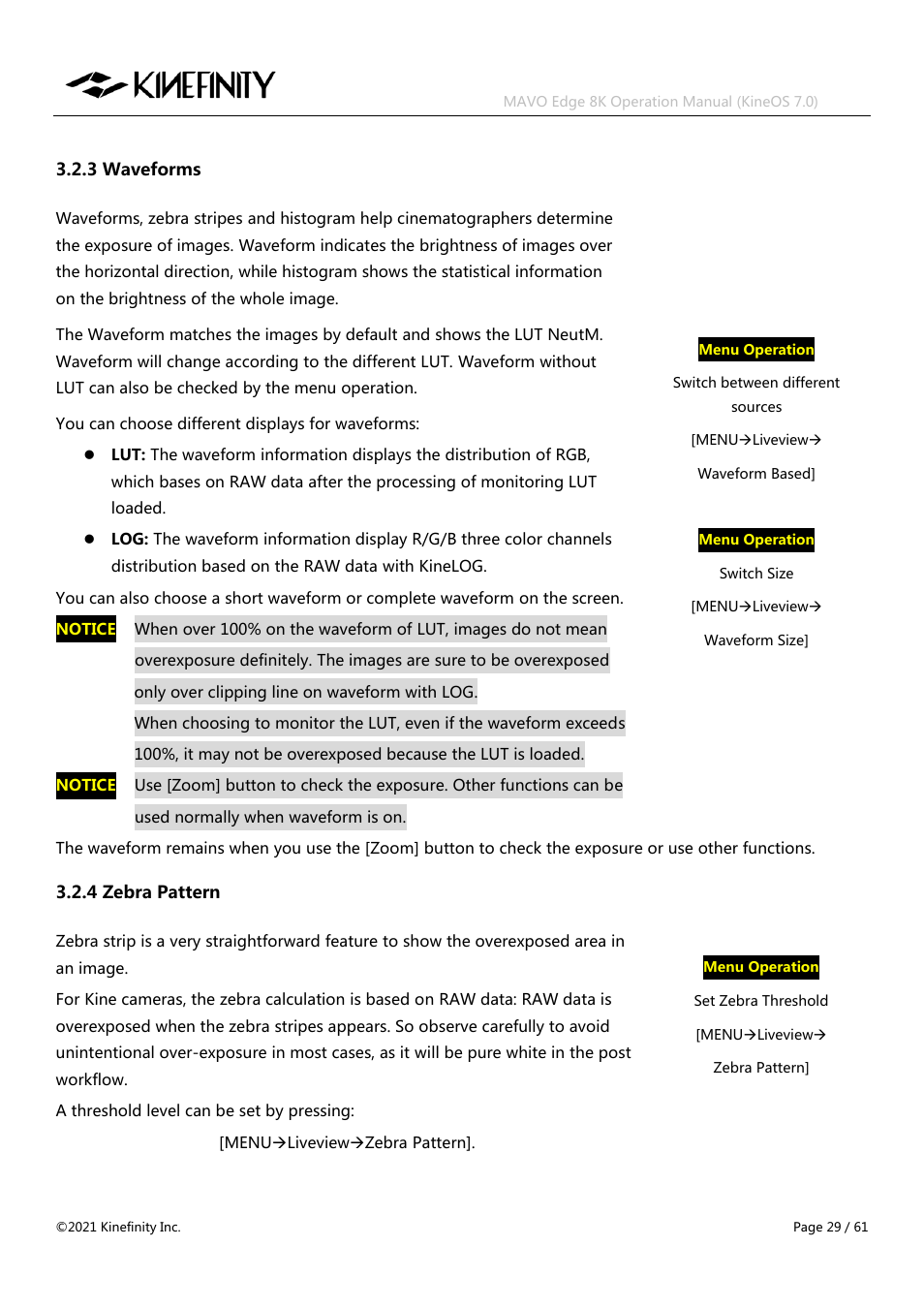 3 waveforms 3.2.4 zebra pattern | Kinefinity MAVO Edge 8K Digital Cinema Camera User Manual | Page 29 / 60