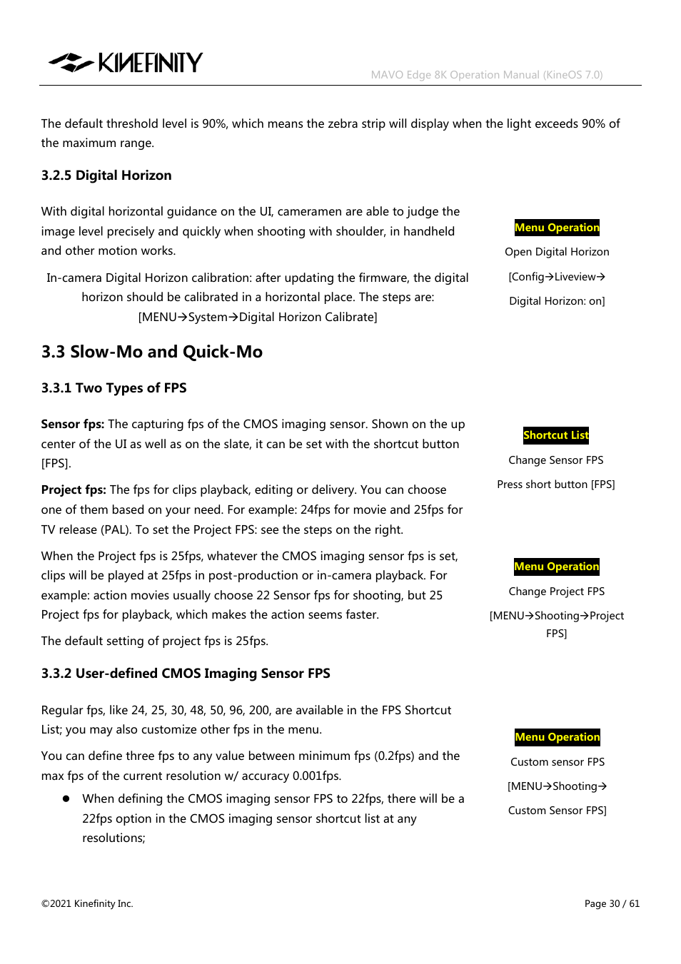 5 digital horizon, 3 slow-mo and quick-mo | Kinefinity MAVO Edge 8K Digital Cinema Camera User Manual | Page 30 / 60