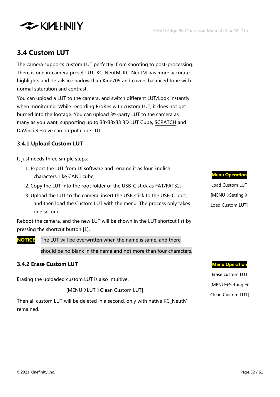 4 custom lut, 1 upload custom lut 3.4.2 erase custom lut | Kinefinity MAVO Edge 8K Digital Cinema Camera User Manual | Page 32 / 60