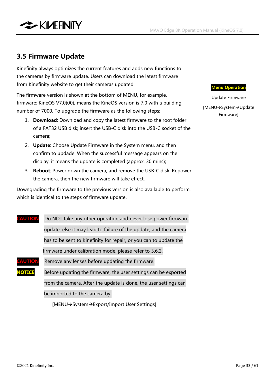 5 firmware update | Kinefinity MAVO Edge 8K Digital Cinema Camera User Manual | Page 33 / 60