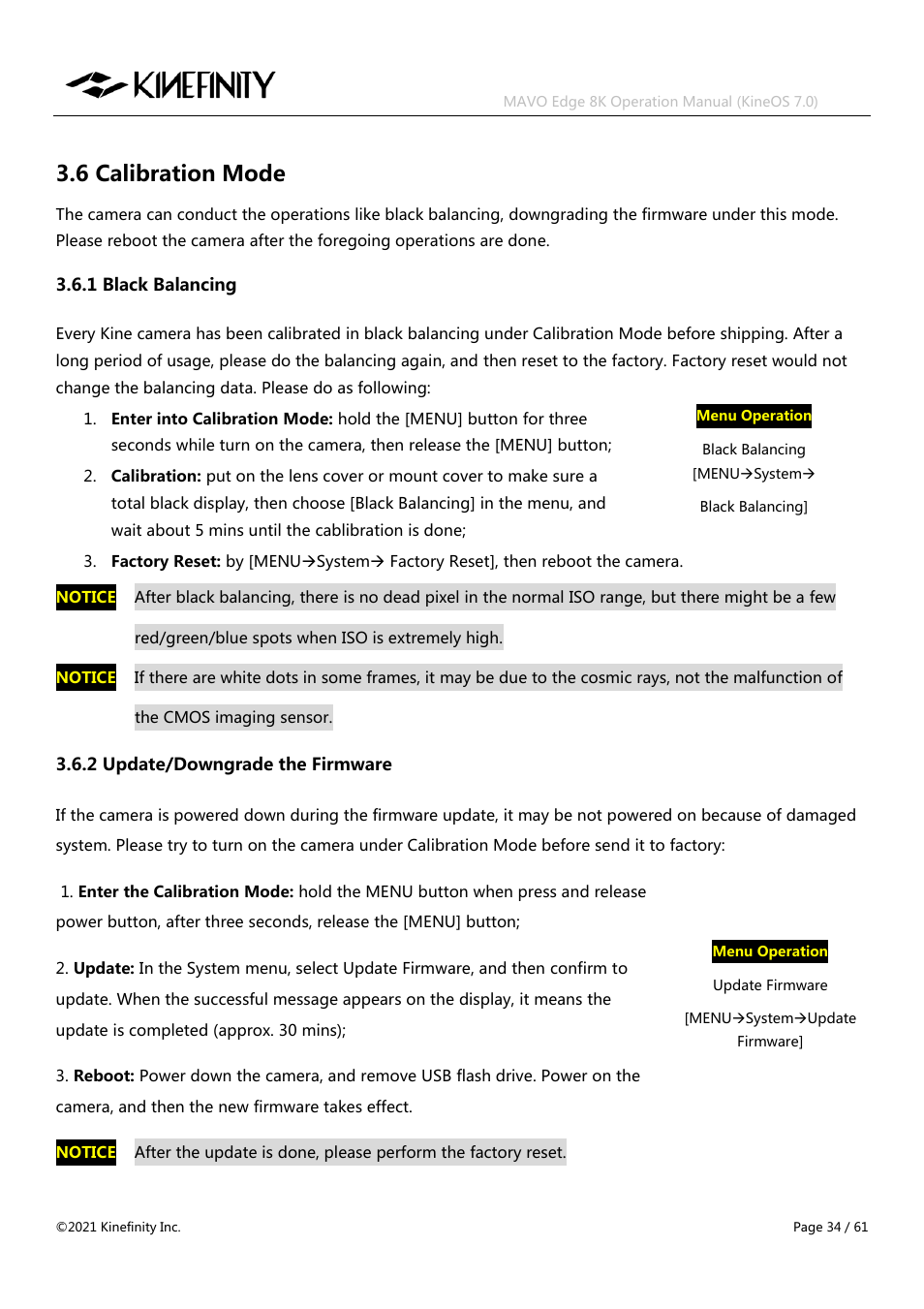 6 calibration mode | Kinefinity MAVO Edge 8K Digital Cinema Camera User Manual | Page 34 / 60