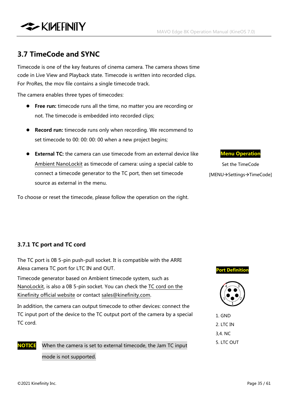 7 timecode and sync, 1 tc port and tc cord | Kinefinity MAVO Edge 8K Digital Cinema Camera User Manual | Page 35 / 60