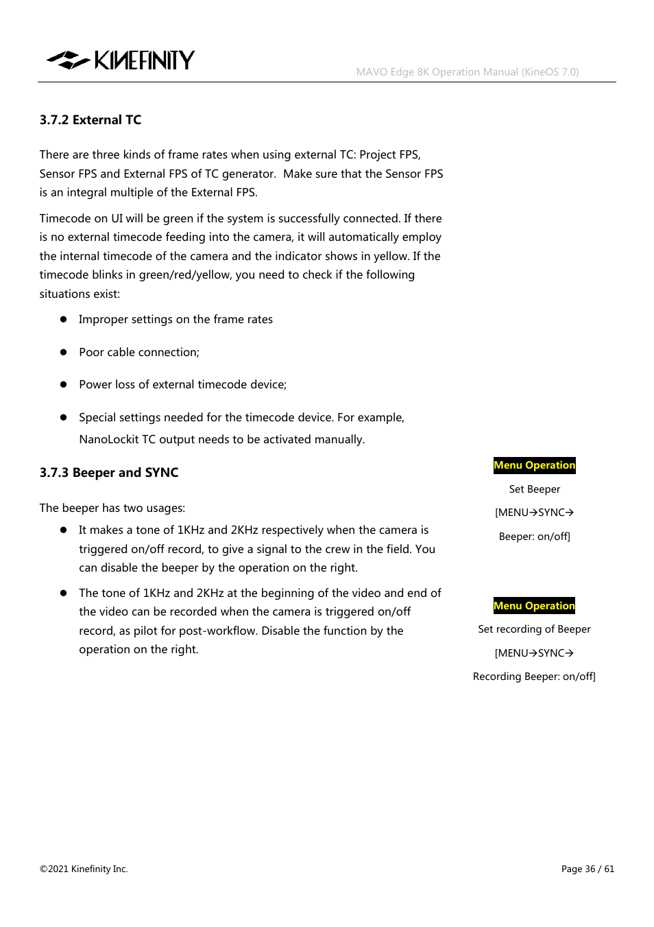 2 external tc 3.7.3 beeper and sync | Kinefinity MAVO Edge 8K Digital Cinema Camera User Manual | Page 36 / 60