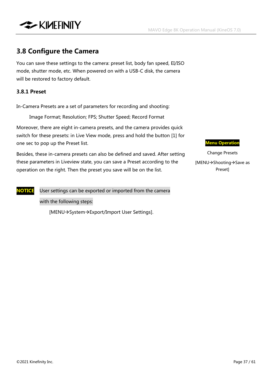 8 configure the camera, 1 preset | Kinefinity MAVO Edge 8K Digital Cinema Camera User Manual | Page 37 / 60