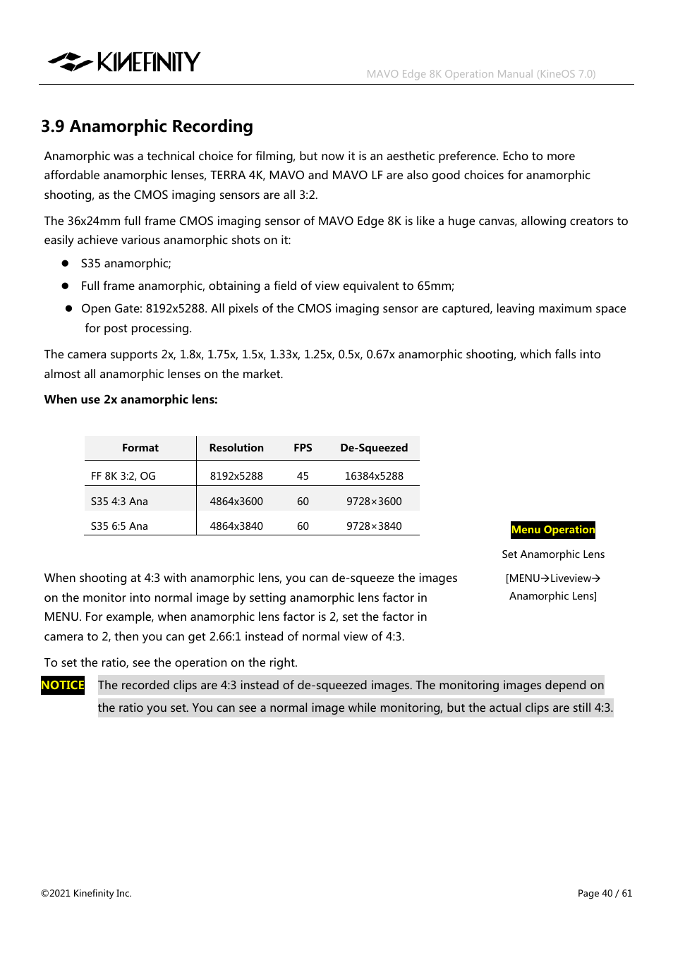 9 anamorphic recording | Kinefinity MAVO Edge 8K Digital Cinema Camera User Manual | Page 40 / 60