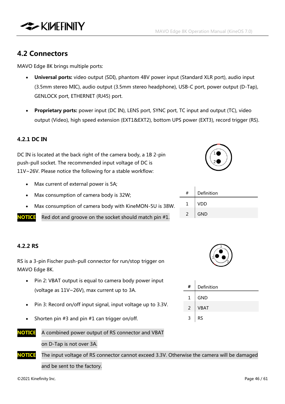 2 connectors, 1 dc in 4.2.2 rs | Kinefinity MAVO Edge 8K Digital Cinema Camera User Manual | Page 46 / 60