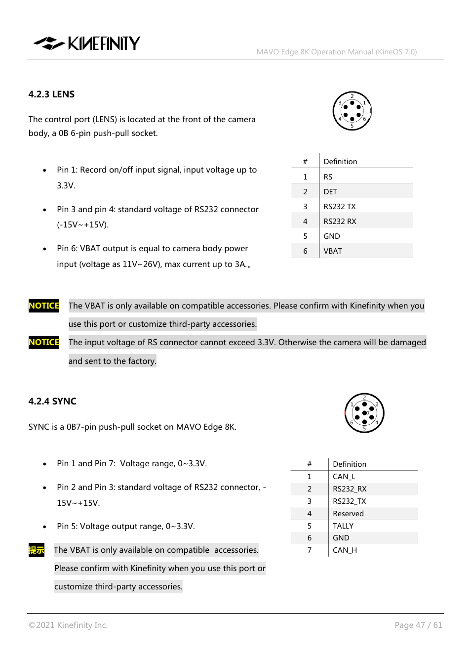 3 lens 4.2.4 sync | Kinefinity MAVO Edge 8K Digital Cinema Camera User Manual | Page 47 / 60