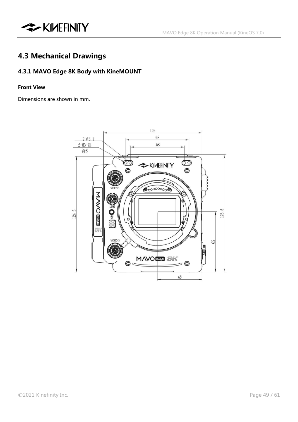 3 mechanical drawings, 1 mavo edge 8k body with kinemount | Kinefinity MAVO Edge 8K Digital Cinema Camera User Manual | Page 49 / 60