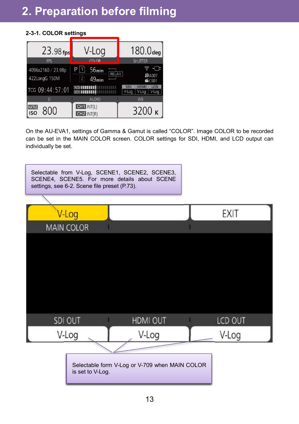 Preparation before filming | Panasonic AU-EVA1 Compact 5.7K Super 35mm Cinema Camera User Manual | Page 13 / 92