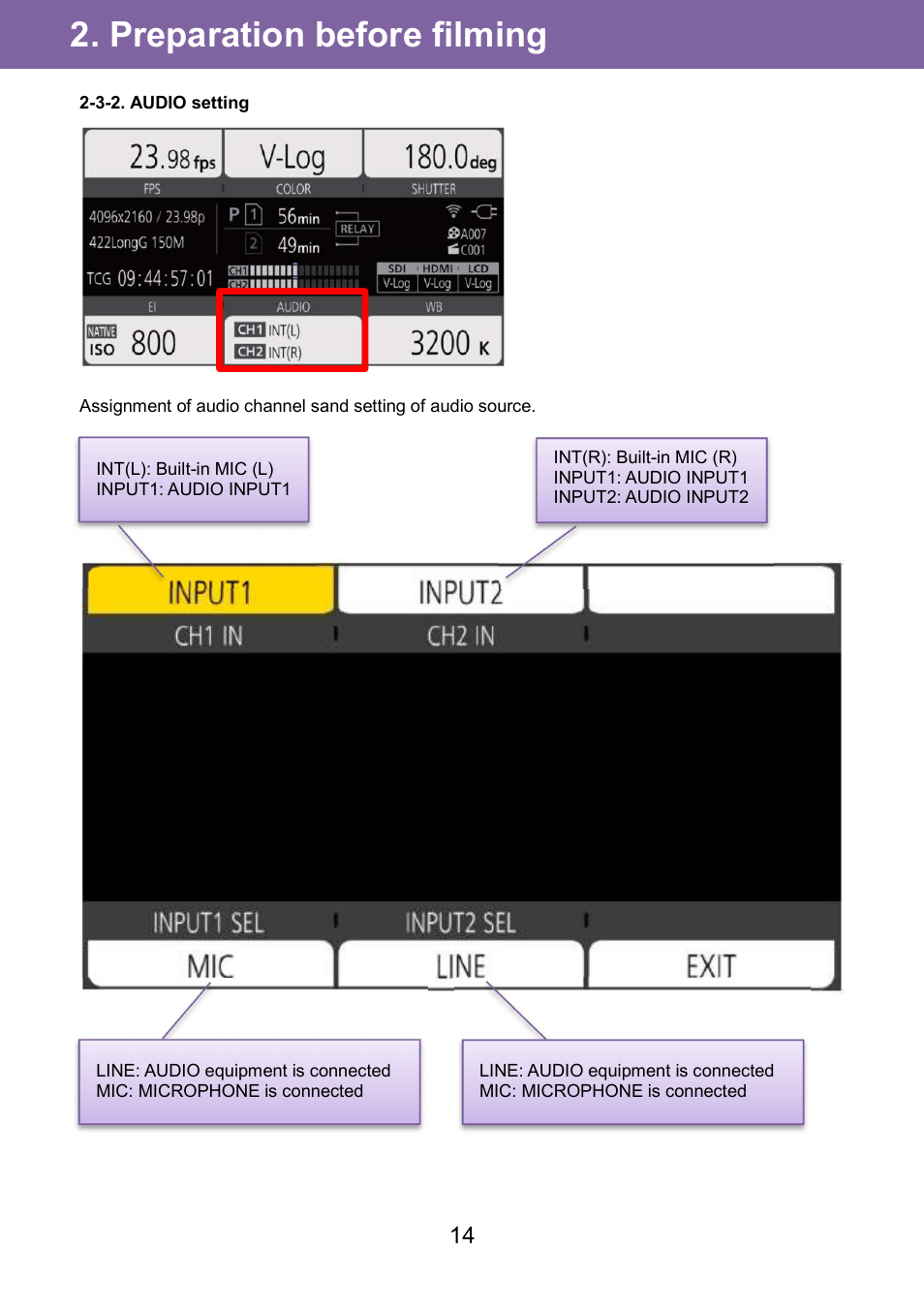 Preparation before filming | Panasonic AU-EVA1 Compact 5.7K Super 35mm Cinema Camera User Manual | Page 14 / 92
