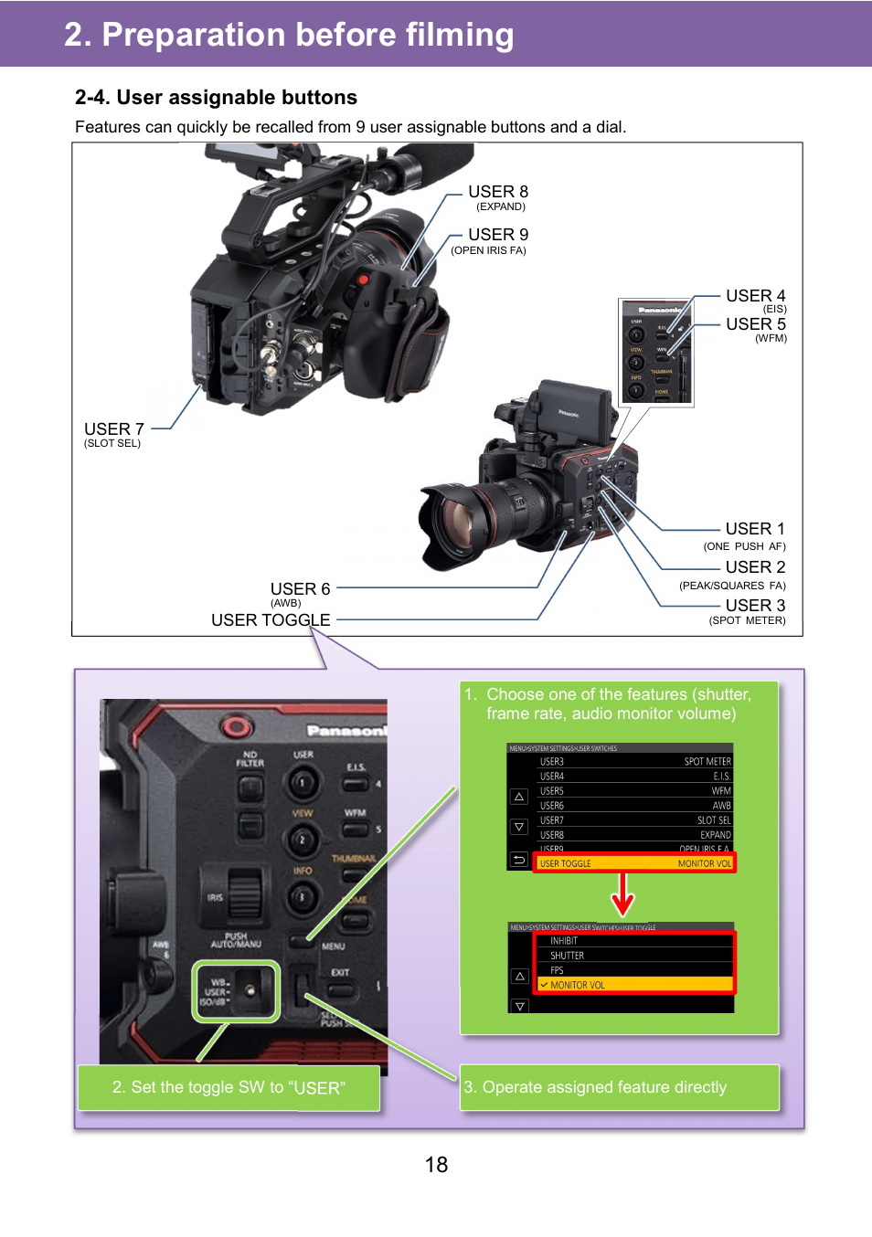 Preparation before filming, 4. user assignable buttons | Panasonic AU-EVA1 Compact 5.7K Super 35mm Cinema Camera User Manual | Page 18 / 92