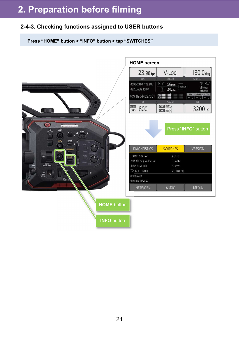 Preparation before filming | Panasonic AU-EVA1 Compact 5.7K Super 35mm Cinema Camera User Manual | Page 21 / 92