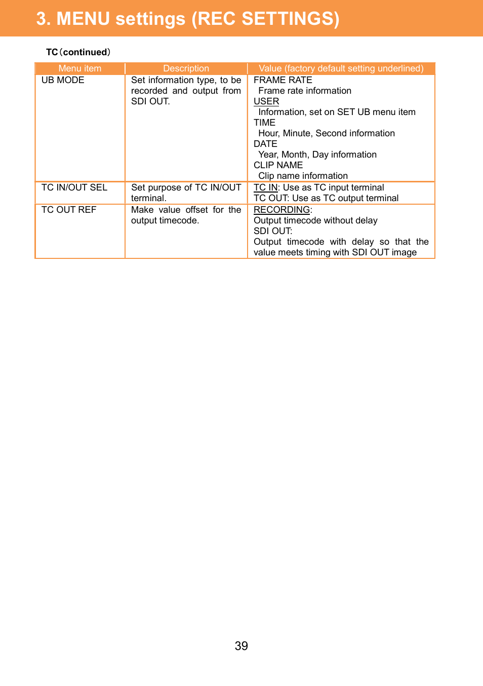 Menu settings (rec settings) | Panasonic AU-EVA1 Compact 5.7K Super 35mm Cinema Camera User Manual | Page 39 / 92