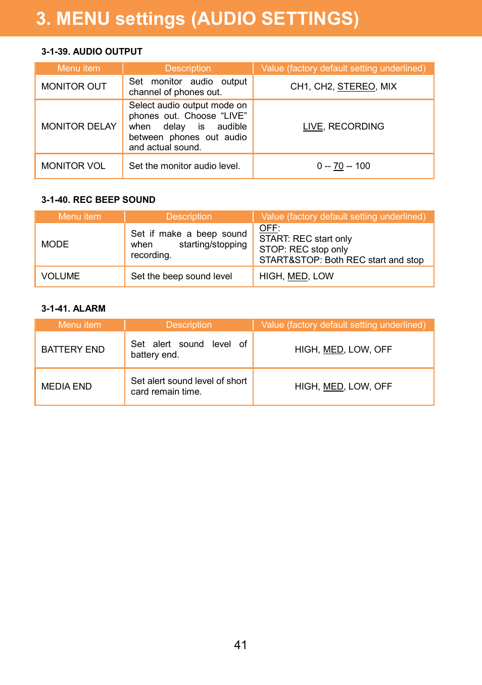 Menu settings (audio settings) | Panasonic AU-EVA1 Compact 5.7K Super 35mm Cinema Camera User Manual | Page 41 / 92