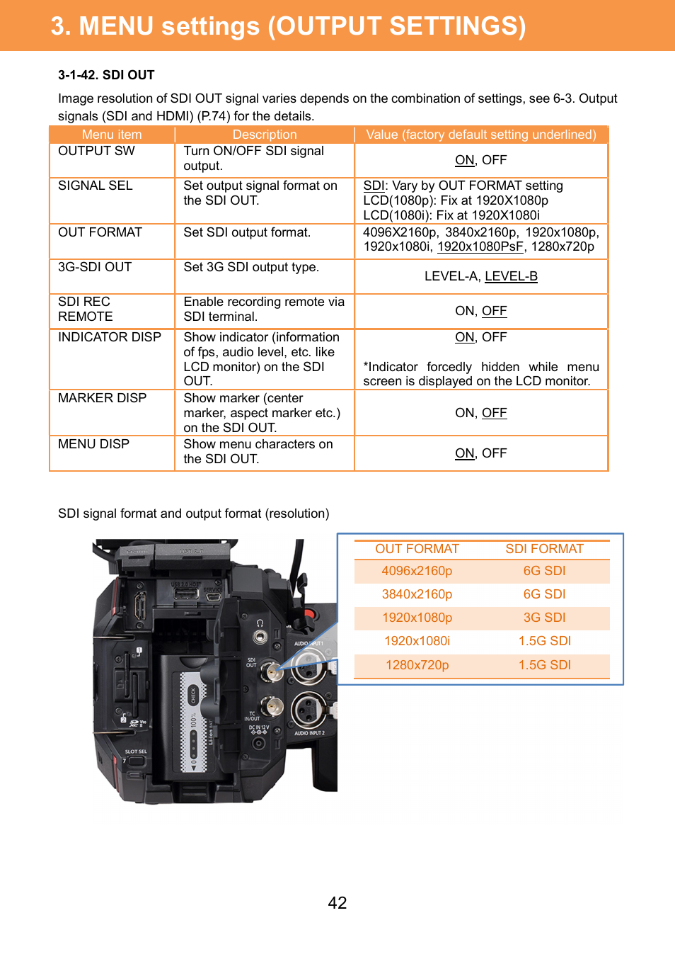Menu settings (output settings) | Panasonic AU-EVA1 Compact 5.7K Super 35mm Cinema Camera User Manual | Page 42 / 92