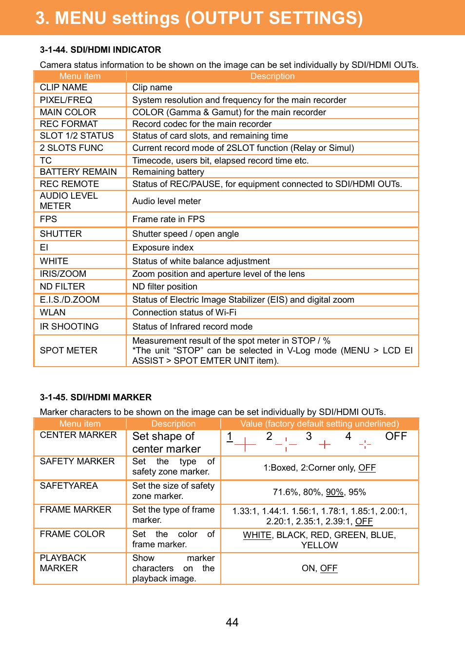 Menu settings (output settings) | Panasonic AU-EVA1 Compact 5.7K Super 35mm Cinema Camera User Manual | Page 44 / 92