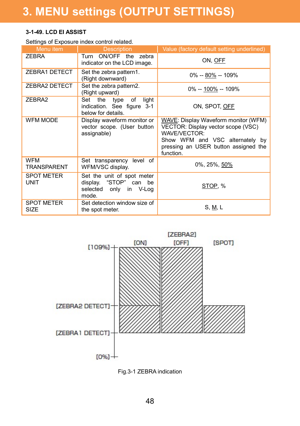 Menu settings (output settings) | Panasonic AU-EVA1 Compact 5.7K Super 35mm Cinema Camera User Manual | Page 48 / 92