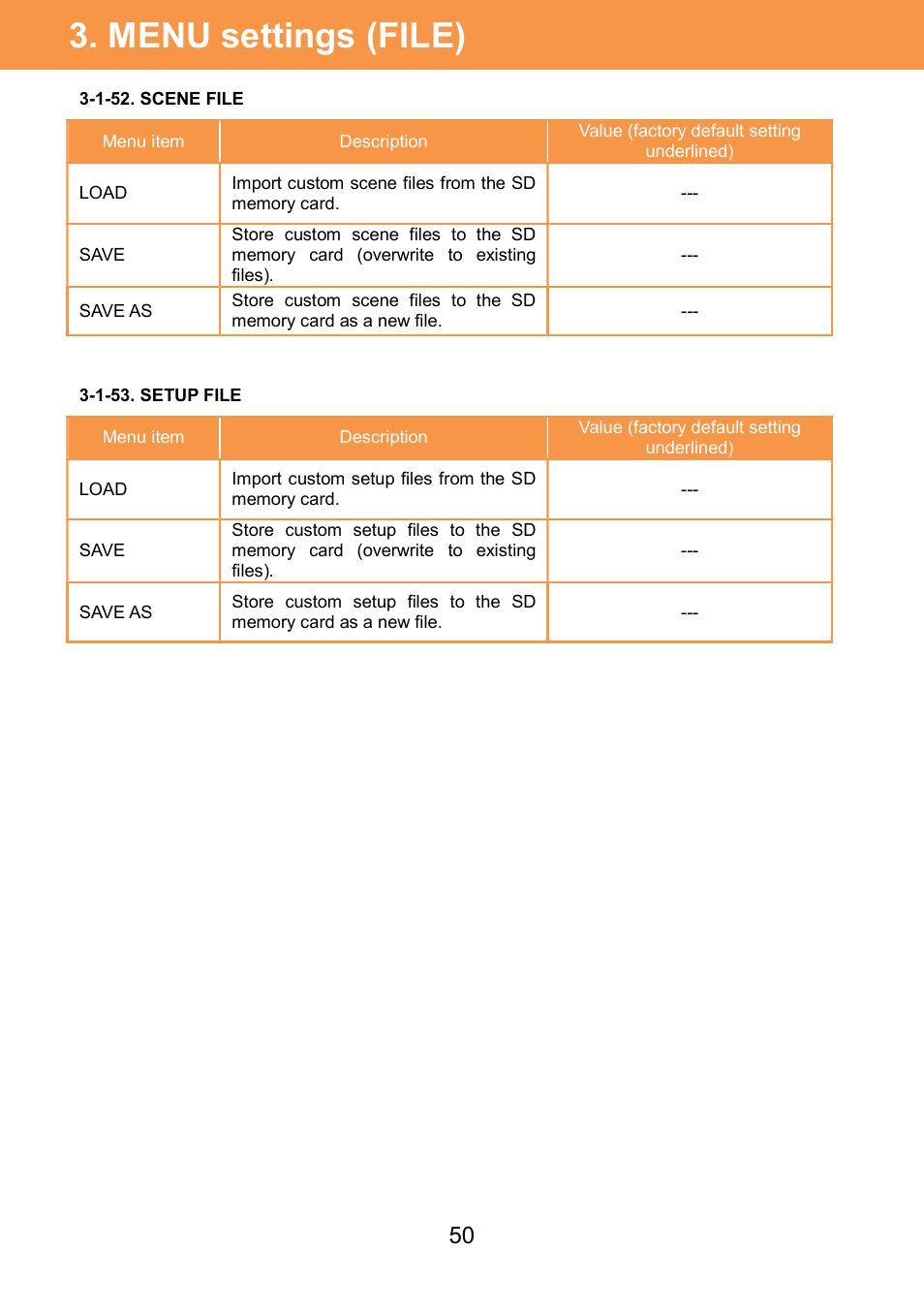 Menu settings (file) | Panasonic AU-EVA1 Compact 5.7K Super 35mm Cinema Camera User Manual | Page 50 / 92