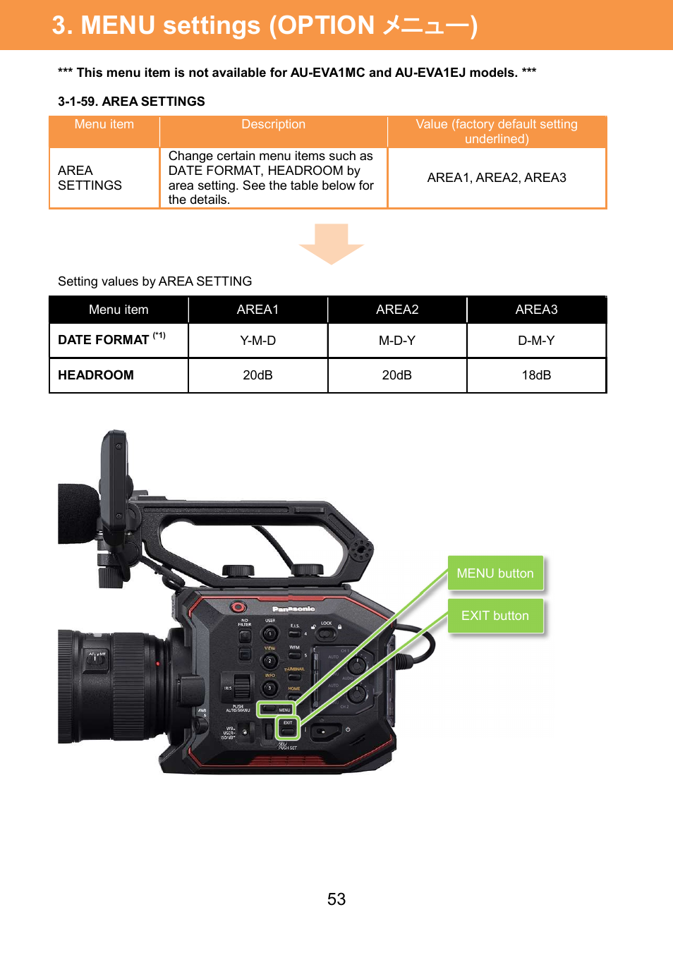 Menu settings (option メニュー ) | Panasonic AU-EVA1 Compact 5.7K Super 35mm Cinema Camera User Manual | Page 53 / 92