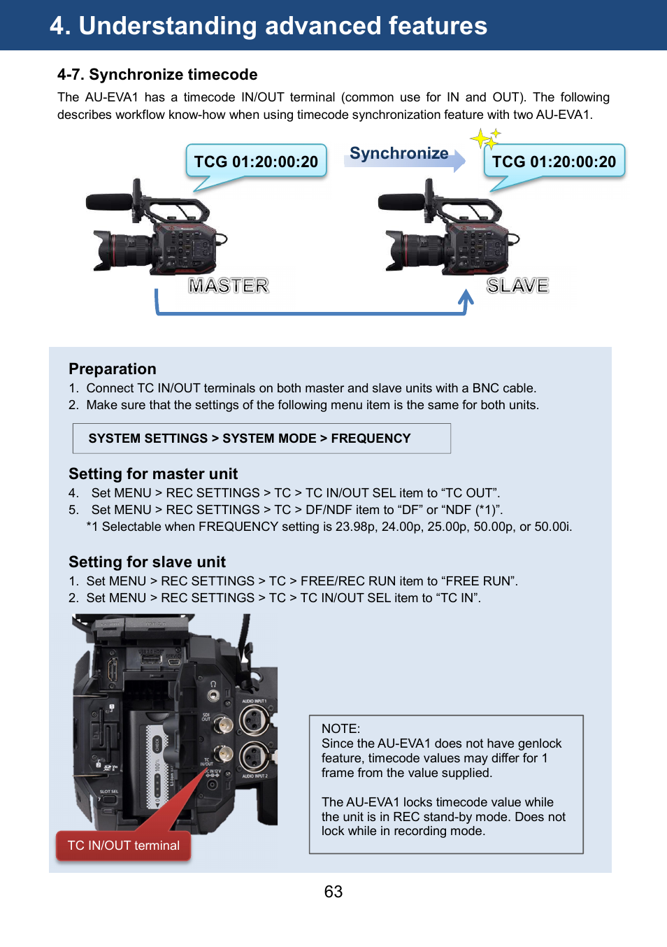 Understanding advanced features, Synchronize | Panasonic AU-EVA1 Compact 5.7K Super 35mm Cinema Camera User Manual | Page 63 / 92