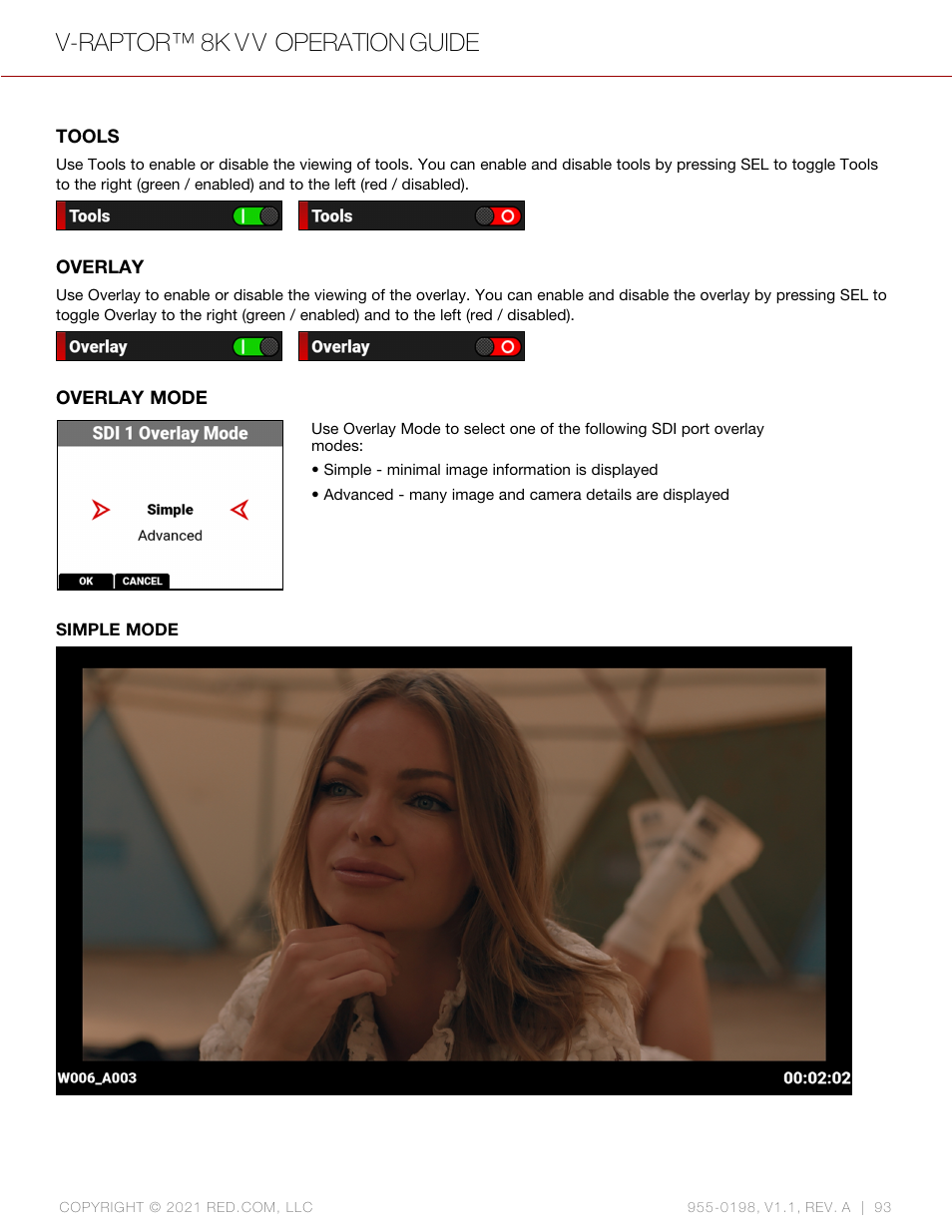 Tools, Overlay, Overlay mode | V-raptor™ 8k v v operation guide | RED DIGITAL CINEMA V-RAPTOR 8K VV DSMC3 Camera (RF, Black) User Manual | Page 100 / 226