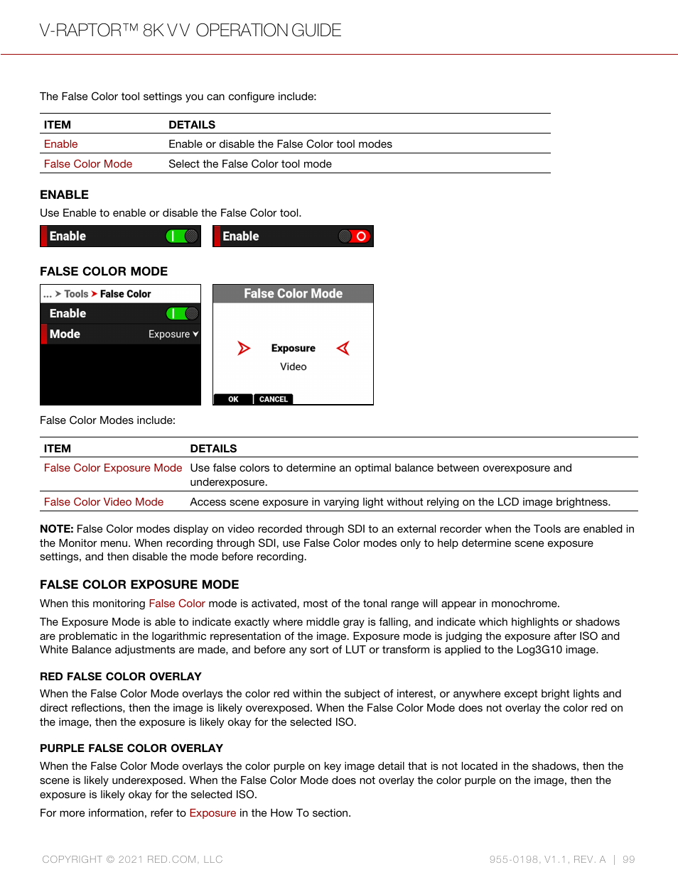 Enable, Mode, False color exposure mode | V-raptor™ 8k v v operation guide | RED DIGITAL CINEMA V-RAPTOR 8K VV DSMC3 Camera (RF, Black) User Manual | Page 106 / 226