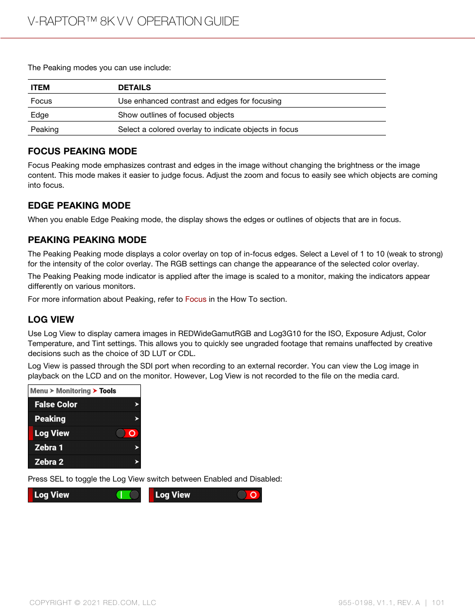 Log view, V-raptor™ 8k v v operation guide | RED DIGITAL CINEMA V-RAPTOR 8K VV DSMC3 Camera (RF, Black) User Manual | Page 108 / 226
