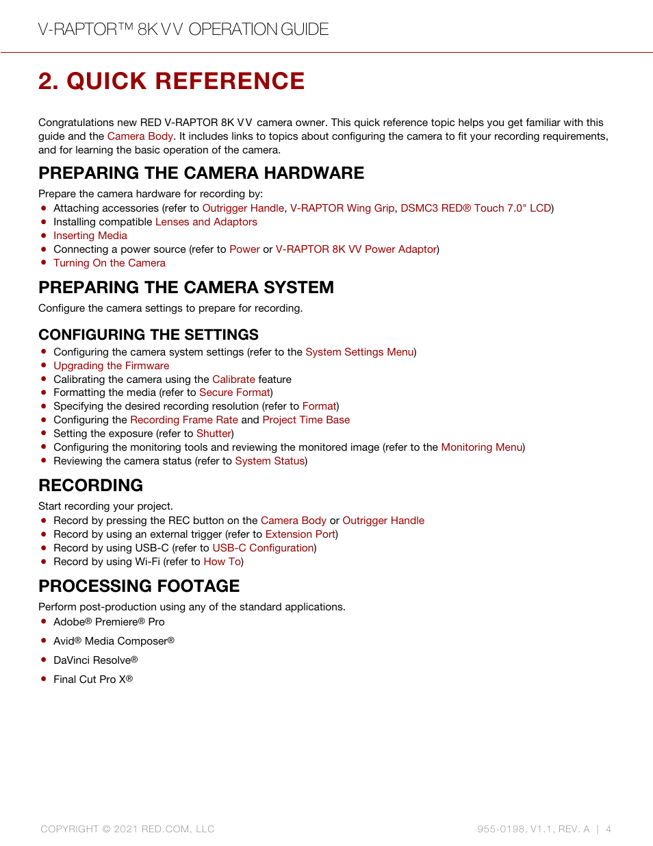 Quick reference, Preparing the camera hardware, Preparing the camera system | Configuring the settings, Recording, Processing footage, V-raptor™ 8k v v operation guide | RED DIGITAL CINEMA V-RAPTOR 8K VV DSMC3 Camera (RF, Black) User Manual | Page 11 / 226