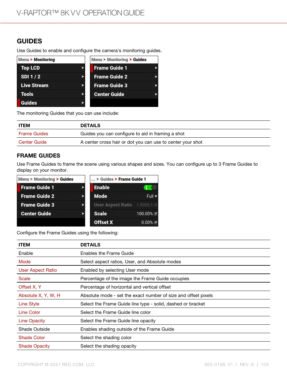 Guides, V-raptor™ 8k v v operation guide | RED DIGITAL CINEMA V-RAPTOR 8K VV DSMC3 Camera (RF, Black) User Manual | Page 111 / 226