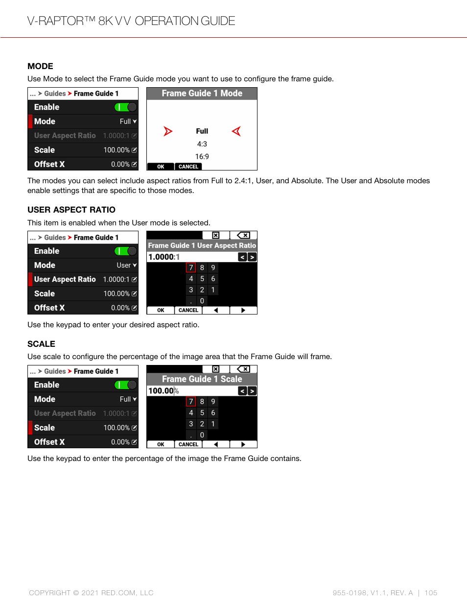 Mode, User aspect ratio, Scale | V-raptor™ 8k v v operation guide | RED DIGITAL CINEMA V-RAPTOR 8K VV DSMC3 Camera (RF, Black) User Manual | Page 112 / 226