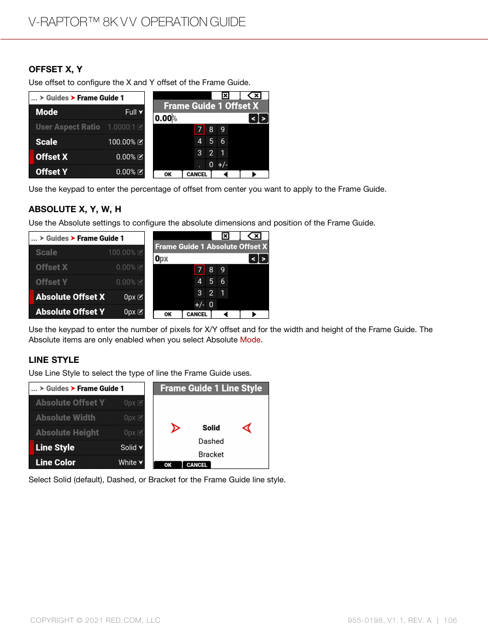 Offset x, y, Absolute x, y, w, h, Line style | V-raptor™ 8k v v operation guide | RED DIGITAL CINEMA V-RAPTOR 8K VV DSMC3 Camera (RF, Black) User Manual | Page 113 / 226
