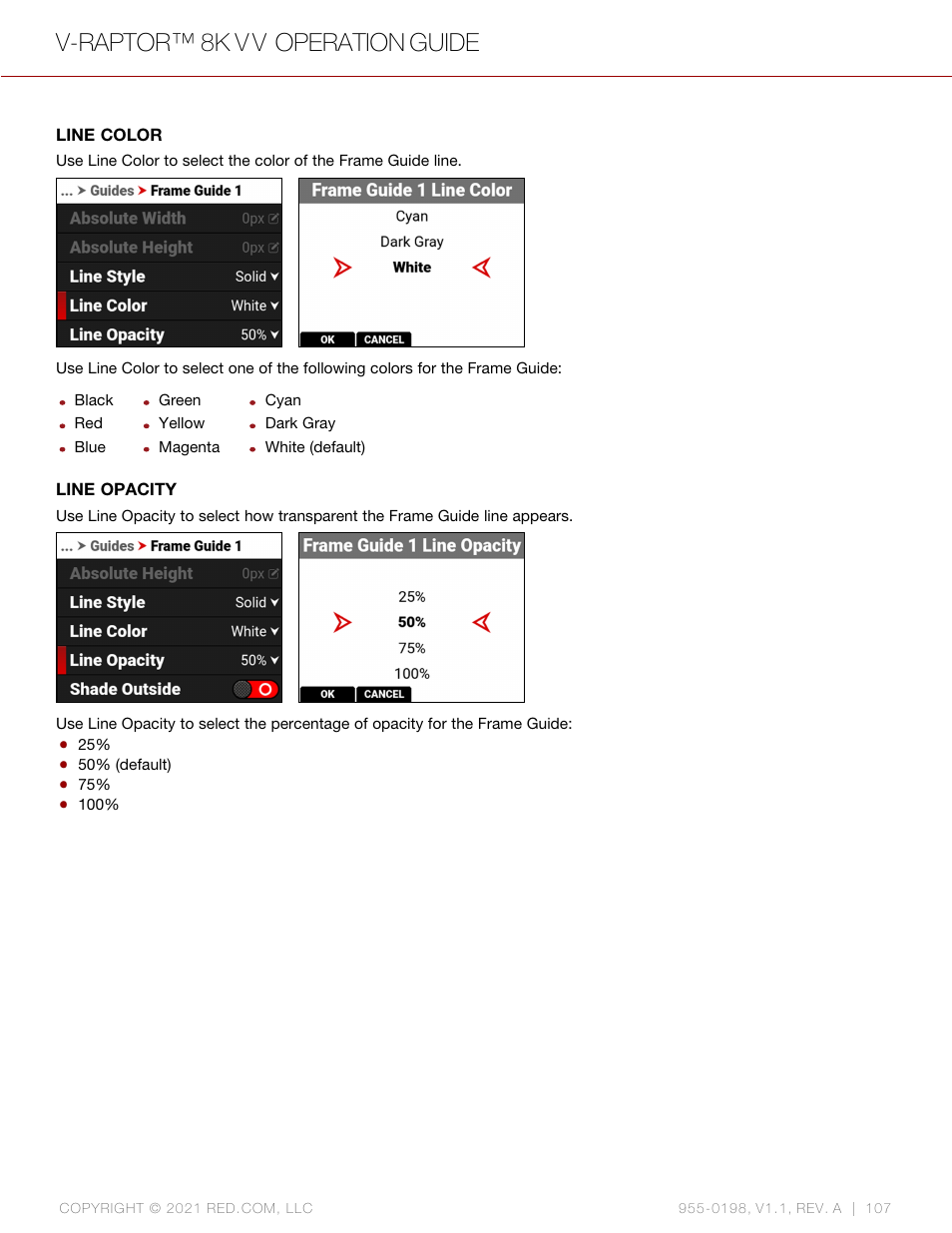 Line color, Line opacity, V-raptor™ 8k v v operation guide | RED DIGITAL CINEMA V-RAPTOR 8K VV DSMC3 Camera (RF, Black) User Manual | Page 114 / 226