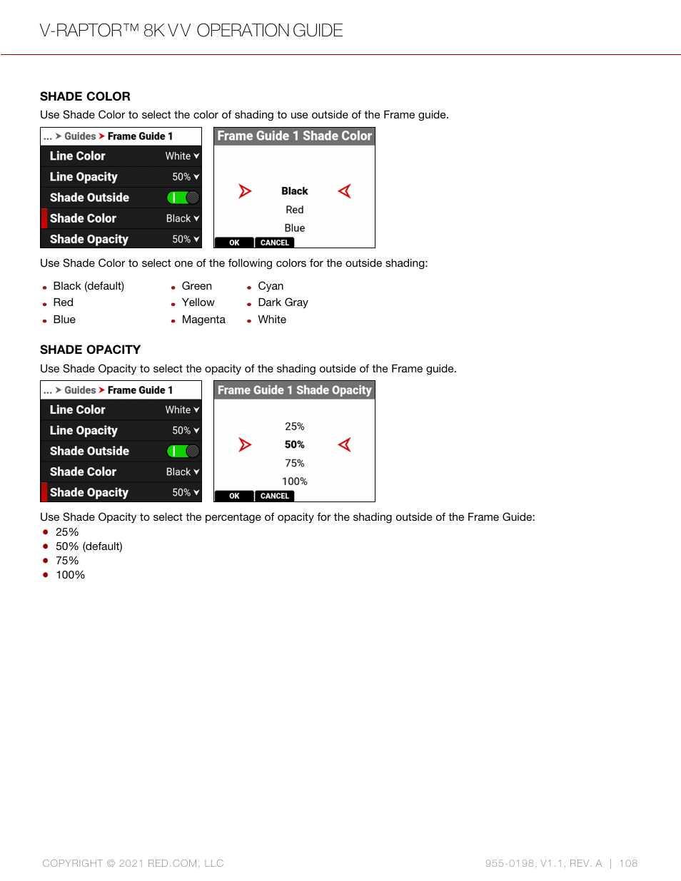 Shade color, Shade opacity, V-raptor™ 8k v v operation guide | RED DIGITAL CINEMA V-RAPTOR 8K VV DSMC3 Camera (RF, Black) User Manual | Page 115 / 226