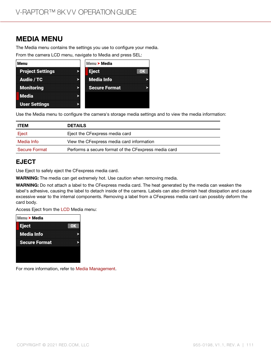 Media menu, Eject, V-raptor™ 8k v v operation guide | RED DIGITAL CINEMA V-RAPTOR 8K VV DSMC3 Camera (RF, Black) User Manual | Page 118 / 226