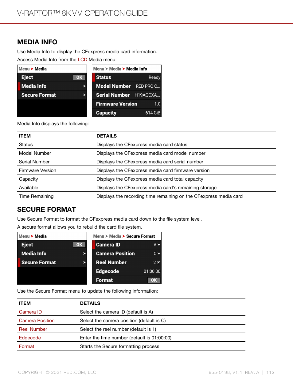 Media info, Secure format, V-raptor™ 8k v v operation guide | RED DIGITAL CINEMA V-RAPTOR 8K VV DSMC3 Camera (RF, Black) User Manual | Page 119 / 226