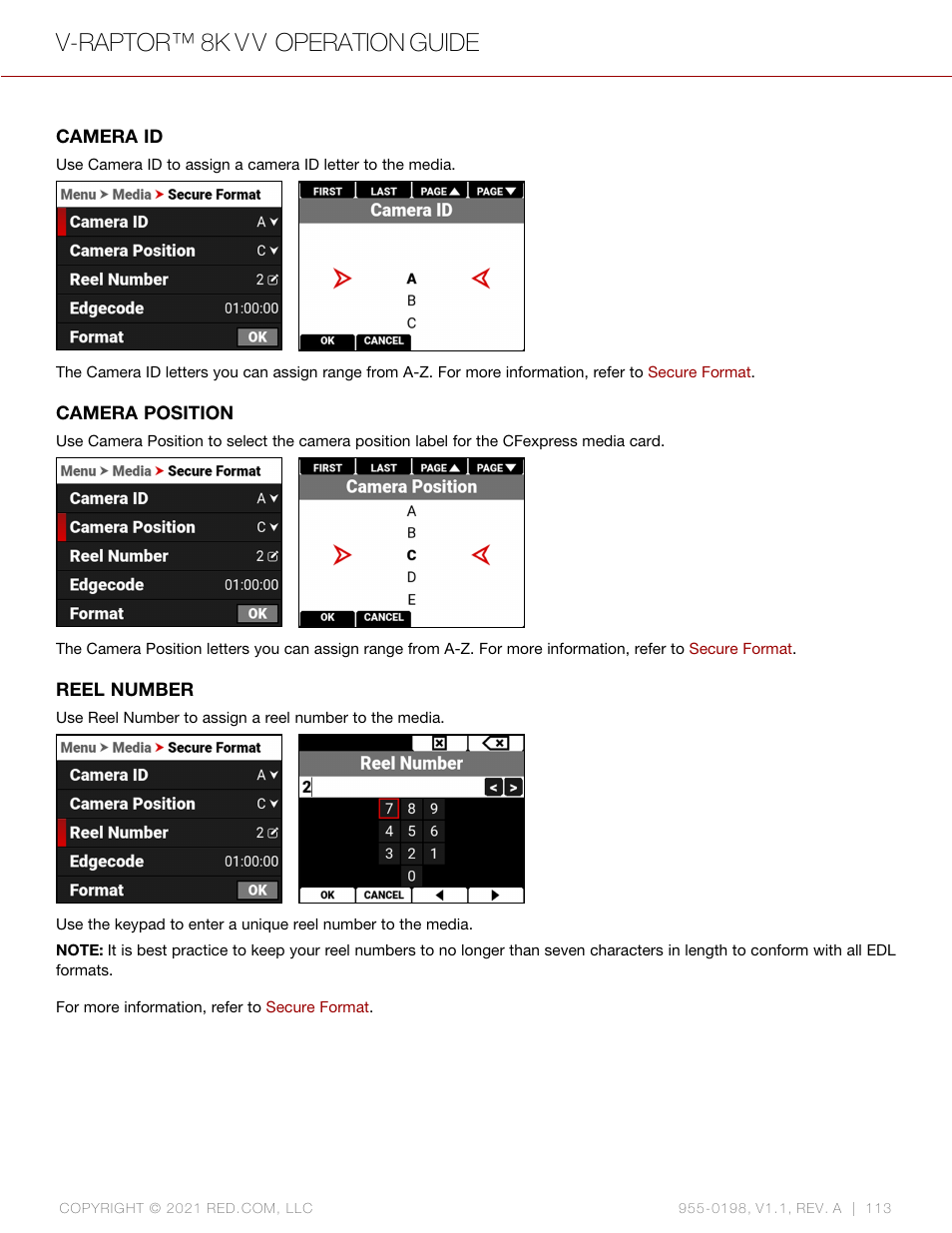 Camera id, Camera position, Reel number | V-raptor™ 8k v v operation guide | RED DIGITAL CINEMA V-RAPTOR 8K VV DSMC3 Camera (RF, Black) User Manual | Page 120 / 226