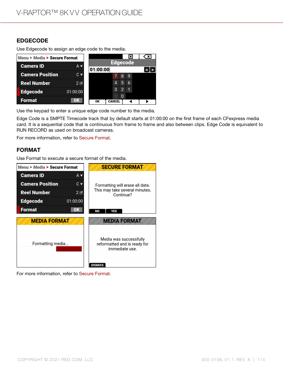 Edgecode, Format, V-raptor™ 8k v v operation guide | RED DIGITAL CINEMA V-RAPTOR 8K VV DSMC3 Camera (RF, Black) User Manual | Page 121 / 226