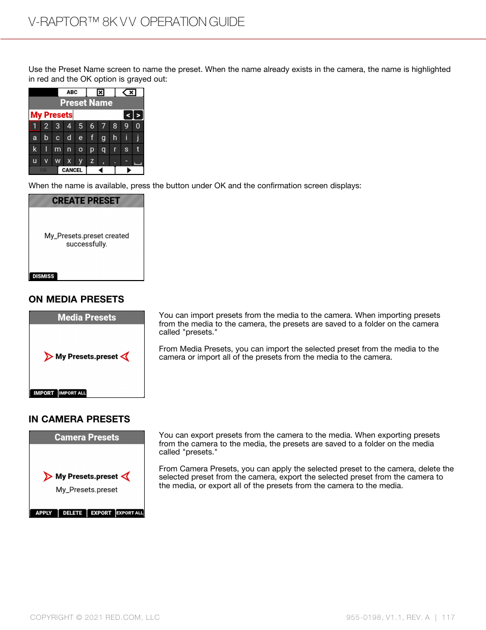 On media presets, In camera presets, V-raptor™ 8k v v operation guide | RED DIGITAL CINEMA V-RAPTOR 8K VV DSMC3 Camera (RF, Black) User Manual | Page 124 / 226