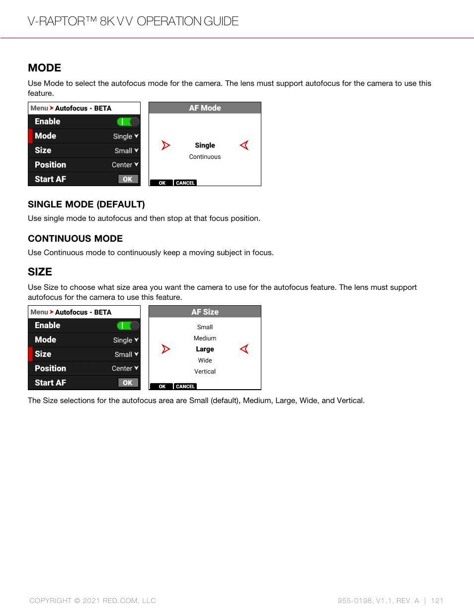 Mode, Size, V-raptor™ 8k v v operation guide | RED DIGITAL CINEMA V-RAPTOR 8K VV DSMC3 Camera (RF, Black) User Manual | Page 128 / 226