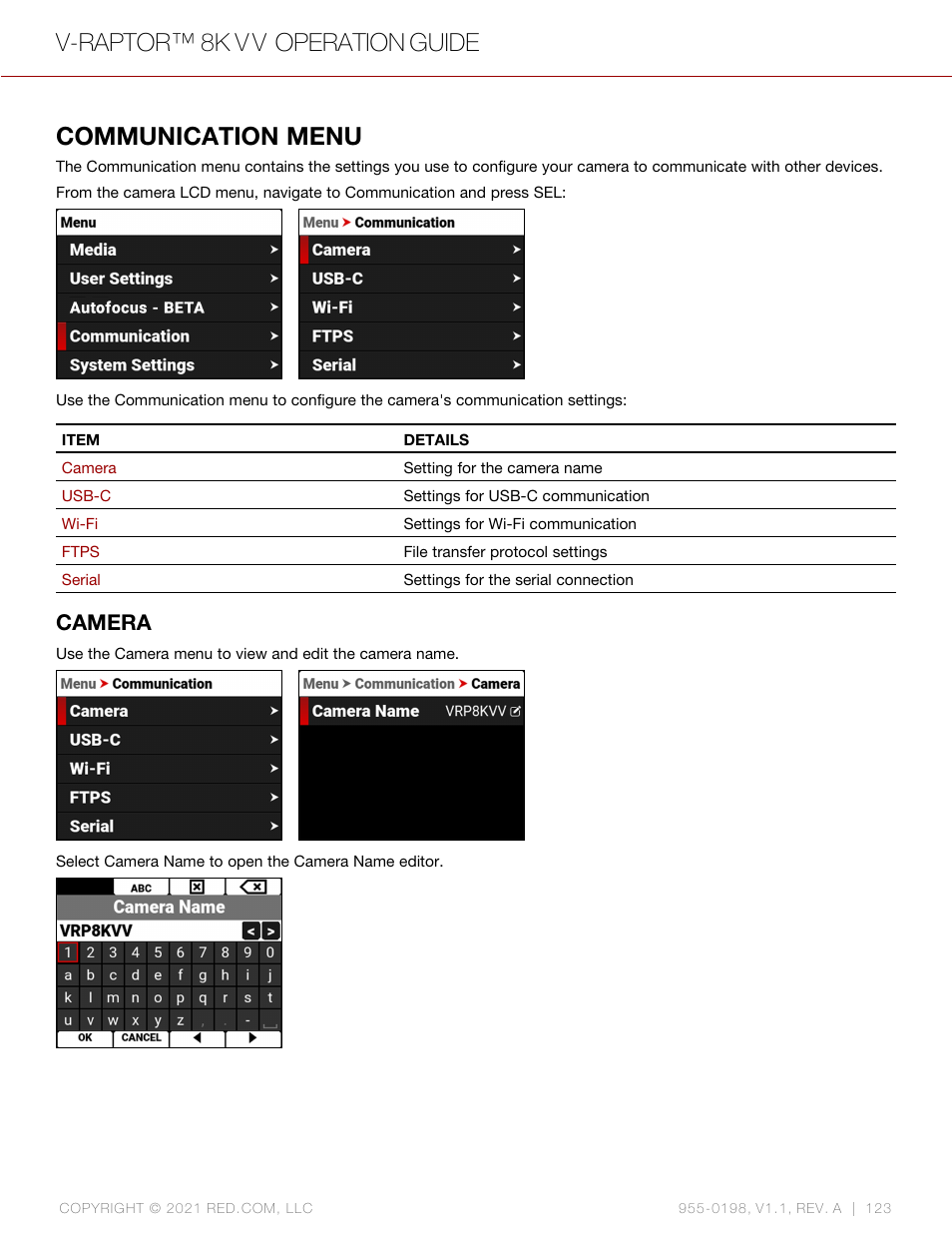 Communication menu, Camera, V-raptor™ 8k v v operation guide | RED DIGITAL CINEMA V-RAPTOR 8K VV DSMC3 Camera (RF, Black) User Manual | Page 130 / 226