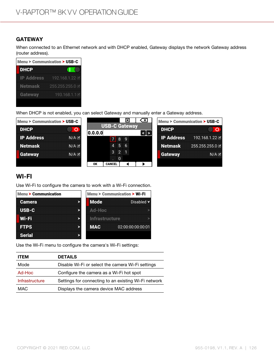 Wi-fi, Gateway, V-raptor™ 8k v v operation guide | RED DIGITAL CINEMA V-RAPTOR 8K VV DSMC3 Camera (RF, Black) User Manual | Page 133 / 226