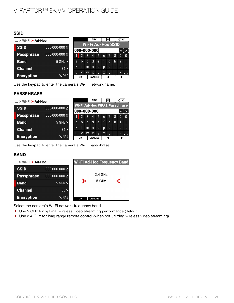 Ssid, Passphrase, Band | V-raptor™ 8k v v operation guide | RED DIGITAL CINEMA V-RAPTOR 8K VV DSMC3 Camera (RF, Black) User Manual | Page 135 / 226