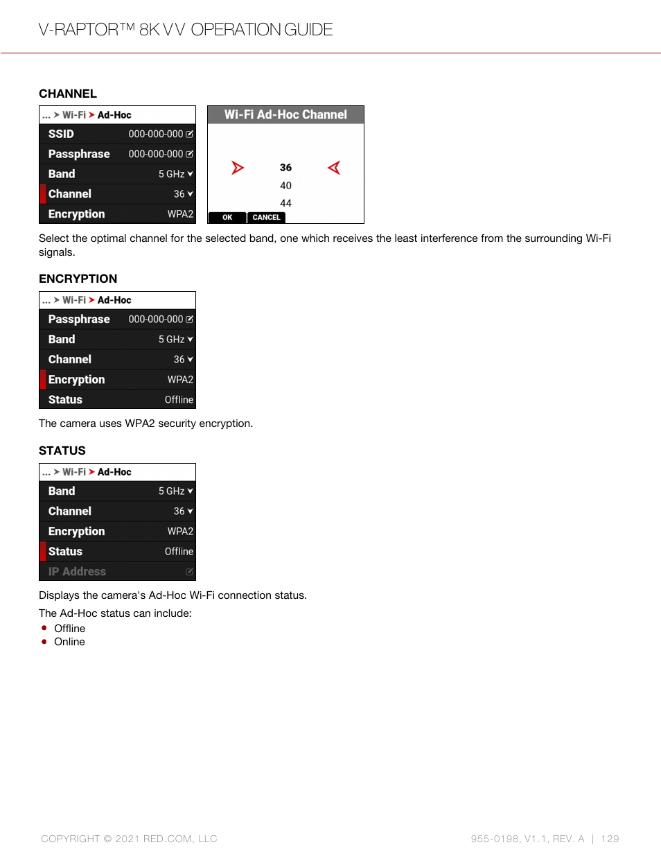 Channel, Encryption, Status | V-raptor™ 8k v v operation guide | RED DIGITAL CINEMA V-RAPTOR 8K VV DSMC3 Camera (RF, Black) User Manual | Page 136 / 226