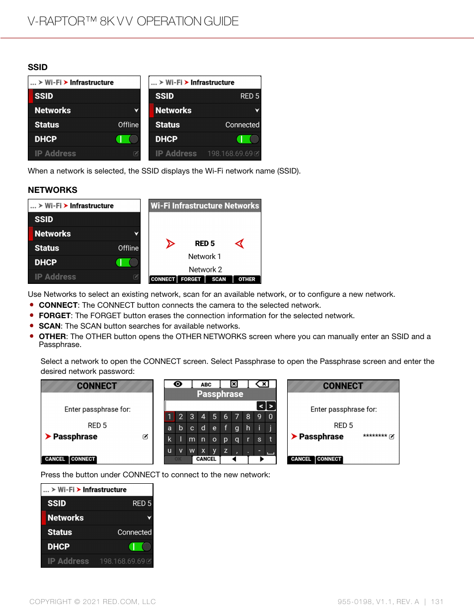 Ssid, Networks, V-raptor™ 8k v v operation guide | RED DIGITAL CINEMA V-RAPTOR 8K VV DSMC3 Camera (RF, Black) User Manual | Page 138 / 226