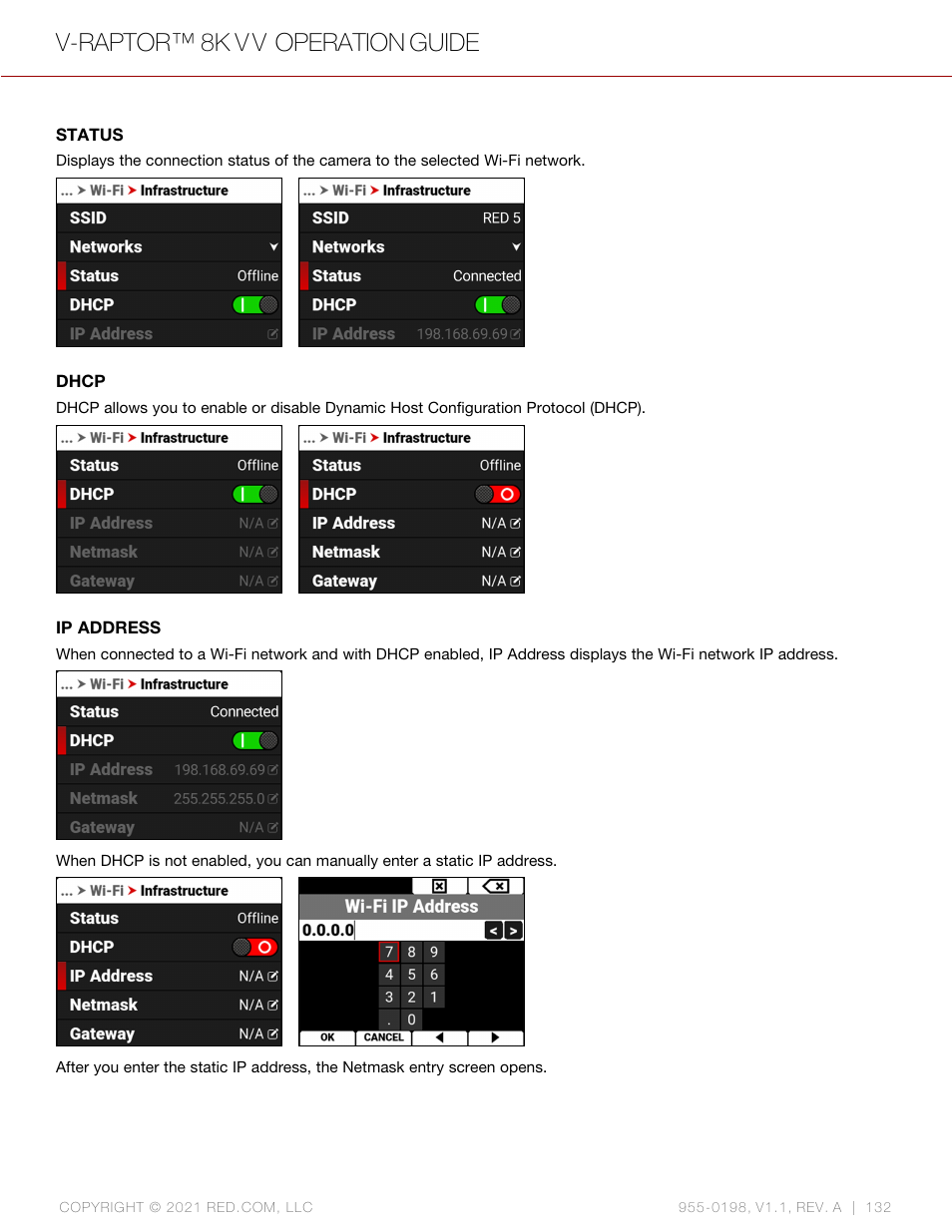 Status, Dhcp, Ip address | V-raptor™ 8k v v operation guide | RED DIGITAL CINEMA V-RAPTOR 8K VV DSMC3 Camera (RF, Black) User Manual | Page 139 / 226