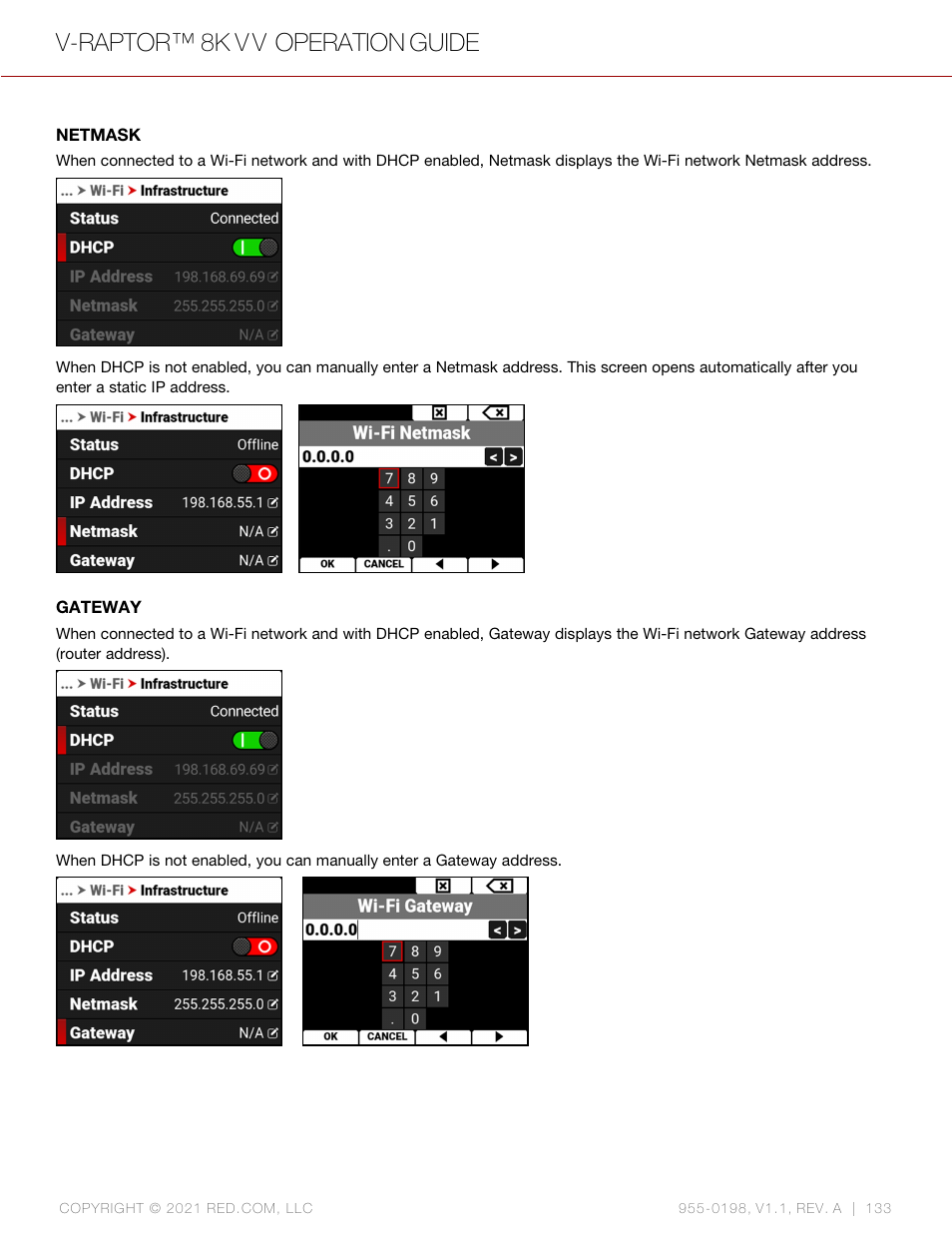 Netmask, Gateway, V-raptor™ 8k v v operation guide | RED DIGITAL CINEMA V-RAPTOR 8K VV DSMC3 Camera (RF, Black) User Manual | Page 140 / 226